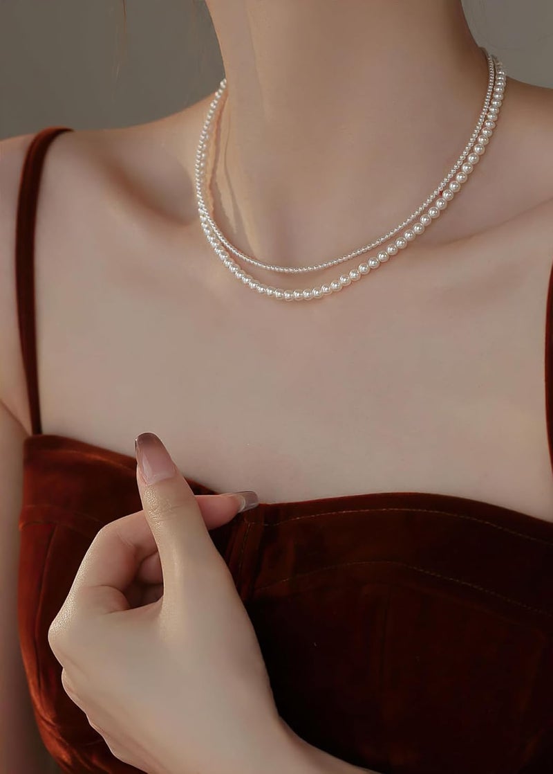 Eymi Simple Tiny Dainty Pearl Choker Necklace Jewelry for Women Sterling Silver Round White Pearl Strand Necklaces Adjustable - Image 4